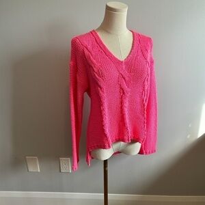 H&M Women's Cable Knit V-neck Long Sleeve Drop Shoulder Bright Pink Sweater SZ S